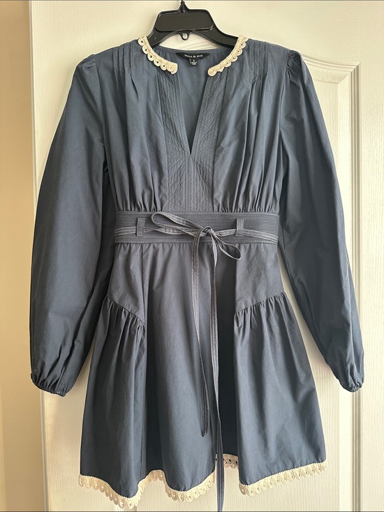 Strut & Bolt Dresses & Skirts - Smocked Waist Navy Long-Sleeve Dress with Lace Trim